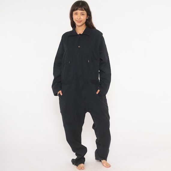 Navy Key Coveralls 90s Cotton Workwear Jumpsuit Dark Blue Mechanic Boilersuit Zip Front Utility Flight Suit Long Sleeve Tall Extra Large XL