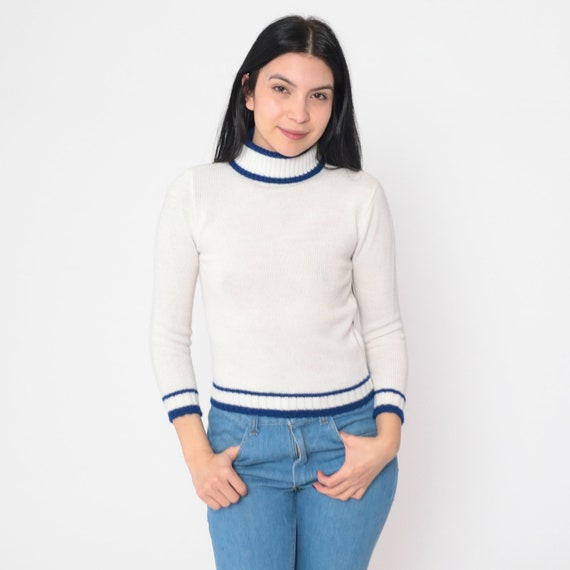 White Turtleneck Sweater 70s Cropped Pullover Knit Ringer Sweater Blue Striped Retro Seventies Knitwear Acrylic Vintage 1970s Extra Small xs