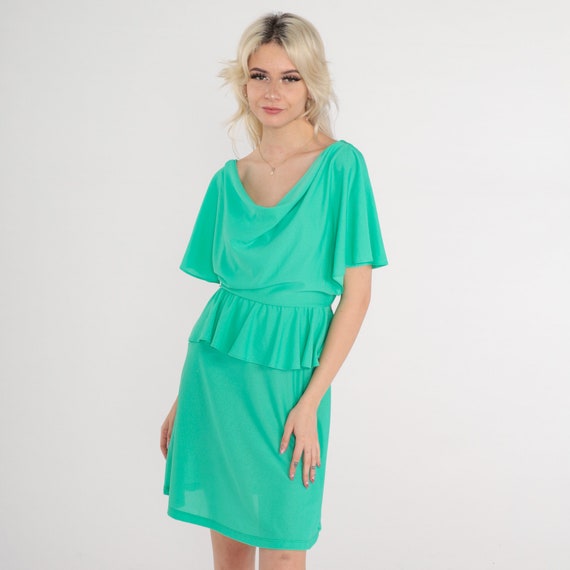 70s Grecian Dress Mini Green FLUTTER SLEEVE Dress Party Peplum Cowl Neck Dress 1970s Boho High Waist Dress Bohemian Drape Formal Small 4