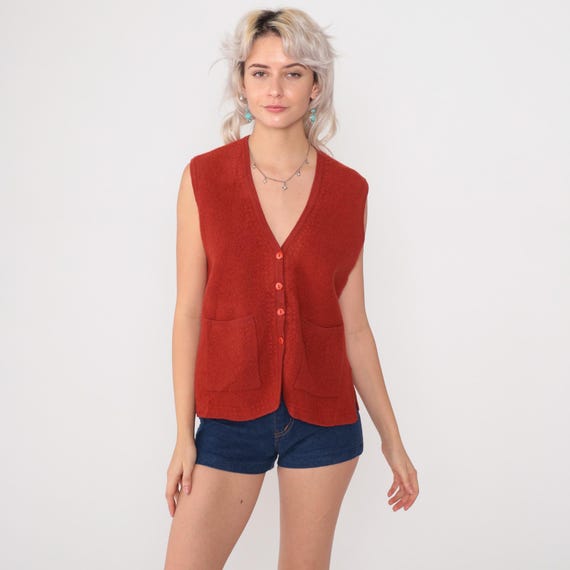 Sweater Vest 70s Vintage Orange Wool Button Front V Neck Knit Sleeveless Cardigan  Rust Terracotta Preppy Retro Pockets Casual Medium M 8