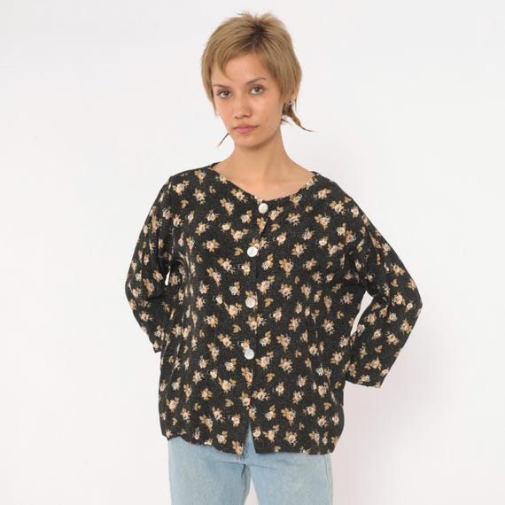 90s Black Floral Blouse Rose Print Button Front V Neck Tan Cream Ditsy Speckled Dot Boxy Top Dark Cottagecore Grunge Shirt Womens Large L