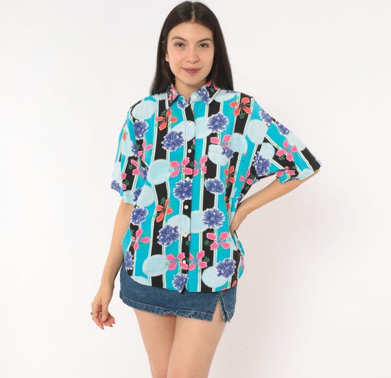 90s Floral Shirt Teal Black Striped Button Front Cotton Blouse Purple Pink Print Chrysanthemum Short Sleeve Relaxed Fit Top Aqua Medium M