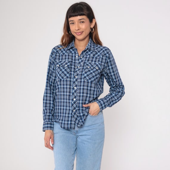 Blue Flannel Shirt 90s Plaid Pearl Snap Button up Shirt Retro Lumberjack Long Sleeve Boyfriend White Checkered Vintage 1990s Extra Small xs