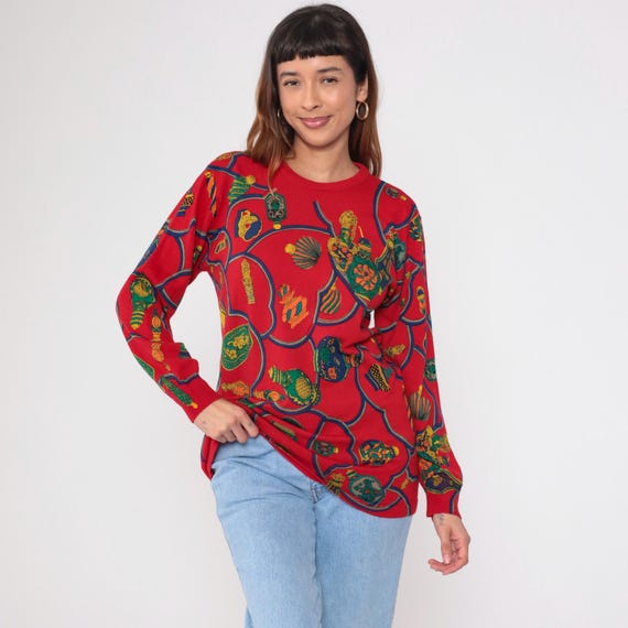 Vintage Perfume Bottle Sweater Y2K Red Wool Knit Baroque Novelty Graphic Pullover Long Sleeve 2000s Fragrance Print 80s Style Medium M