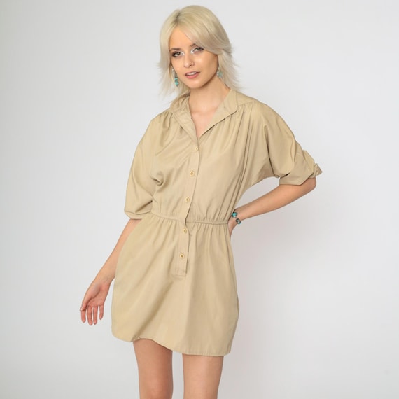 70s Mini Dress Tan Button Up Shirtdress High Waisted Khaki Secretary 1970s Vintage Retro Short 1/2 Sleeve Small