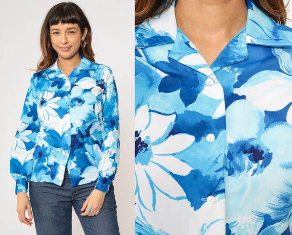 Camisa floral de los anos 70 camisa hawaiana blanca azul blusa acuarela camisa disco abotonada Boho 1970 hippie vintage manga larga pequena Etsy Espana