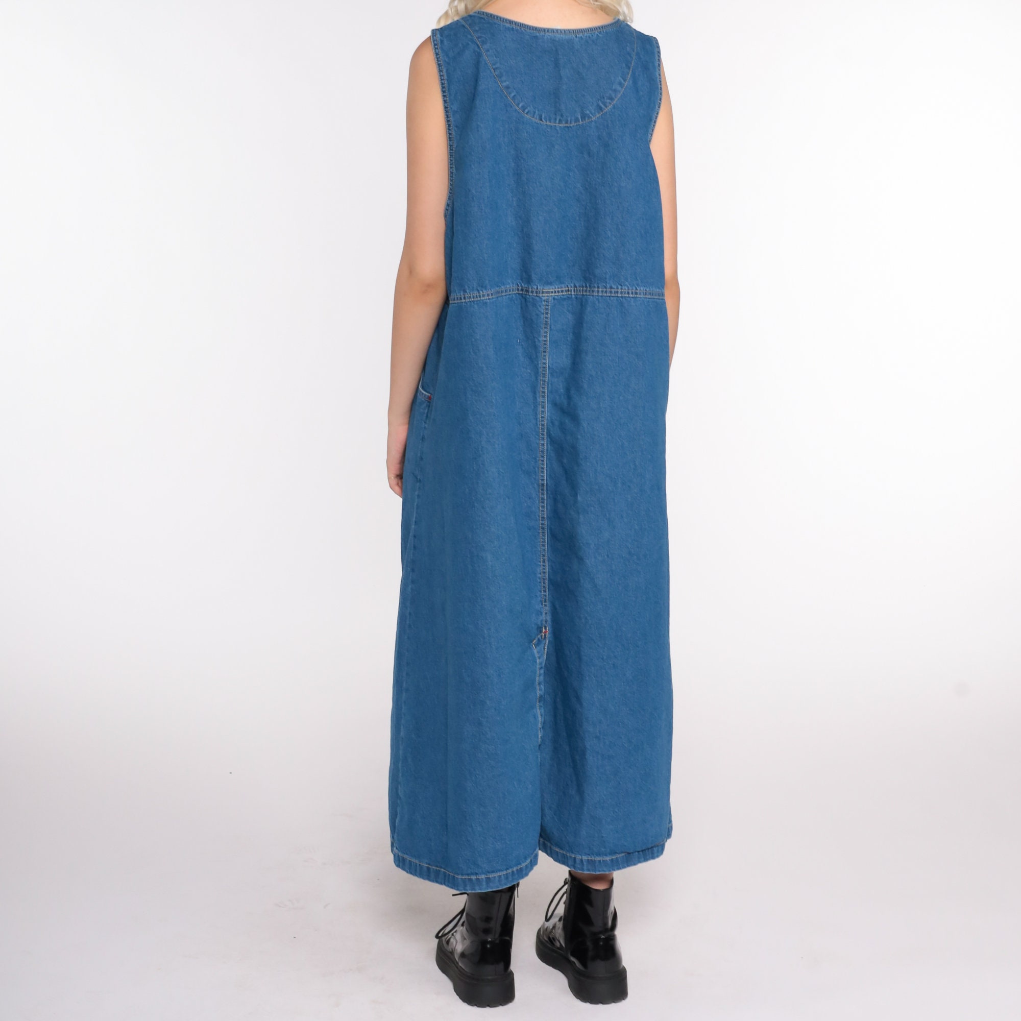 Denim Overall Dress Floral Embroidered 