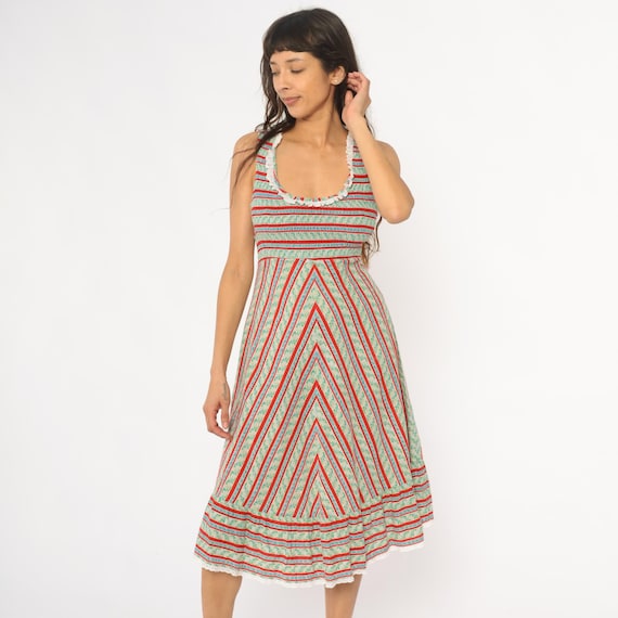 70s Striped Prairie Floral Dress Empire Waist Sundress White Ruffle Lace Trim Red Blue Green Sleeveless Cottagecore Tie Back Vintage Small S