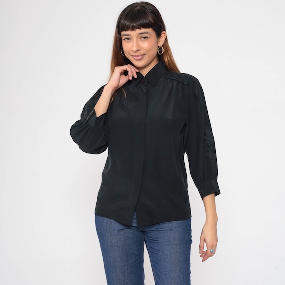 Black Cutout Blouse 80s Floral Embroidered Top 3/4 Long Sleeve Button up Shirt Cutwork Cut Out Bohemian Retro Vintage 1980s Small 6