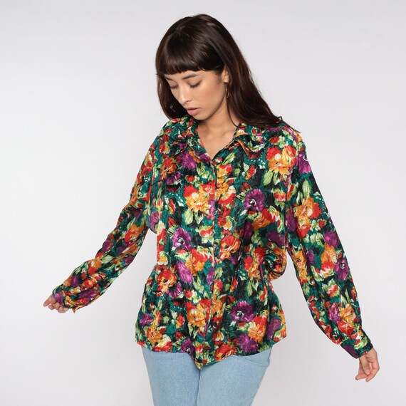 90s Floral Blouse LAYERED COLLAR Boho Shirt Green Red Yellow Button Up Bohemian 1990s Hippie Vintage Long Sleeve 16 Extra Large XL