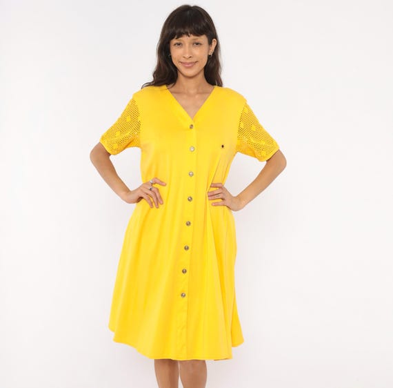 Sunflower Embroidered Dress 90s Yellow Button Front V Neck Cotton Mesh Sleeve Openwork Knit Golden Mustard Summer Spring Vintage Small S