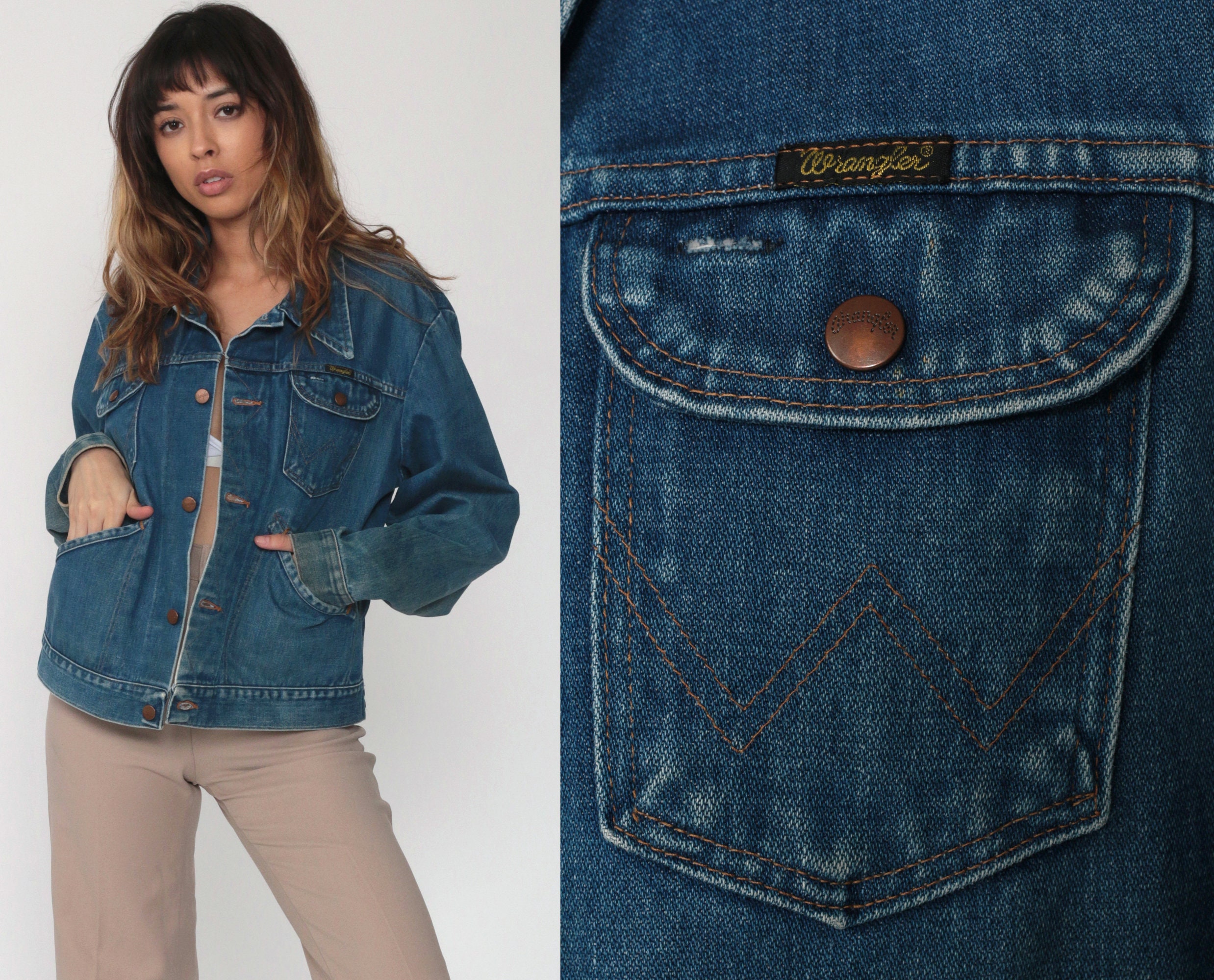 Wrangler Jean Jacket Denim Jacket 70s Boho Blue Biker Vintage