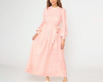 Abito lungo vintage anni '70 con stampa floreale rosa, a vita alta, maniche lunghe plissettate, stile cottagecore boho retrò, pastello, anni '70, romantico, taglia S