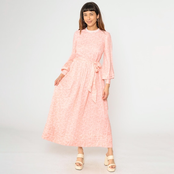 Vintage 70s Pink Floral Maxi Dress High Waisted Long Pleated Sleeve Peach Cottagecore Boho Retro Pastel Dress 1970s Romantic Small S