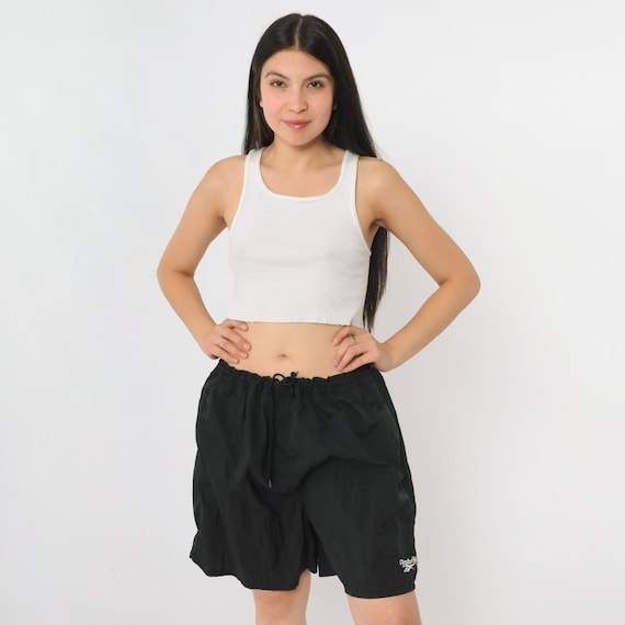 Vintage 90s Black Reebok Shorts Nylon Windbreaker Shorts 1990s Athletic Wind Shorts High Drawstring Waist Gym Shorts Large L