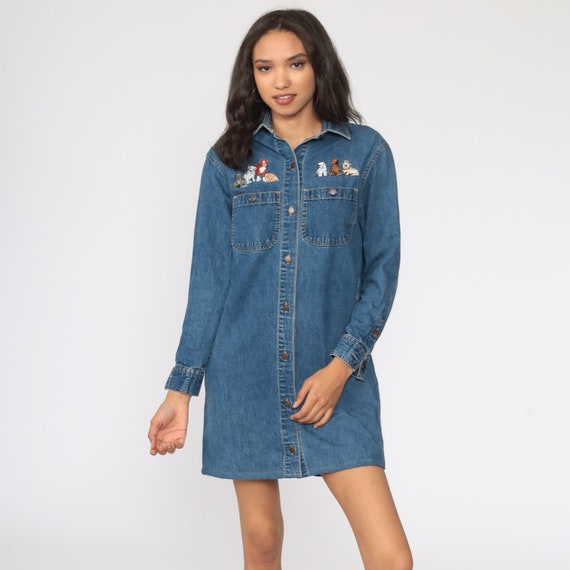 Denim Dog Dress Calvin Klein Mini Jean 90s Embroidered Animal Dress Vintage 1990s Button Up Long Sleeve Blue Small Medium