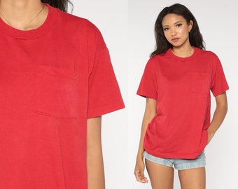 Red T Shirt Pocket Tee Plain TShirt 80s 90s T Shirt Vintage Tshirt Top 1980s Retro Tee Basic Blank Tshirt Large L