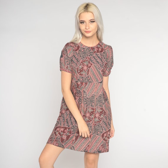 Batik Floral Dress 90s Puff Sleeve Mini Dress Boh… - image 2