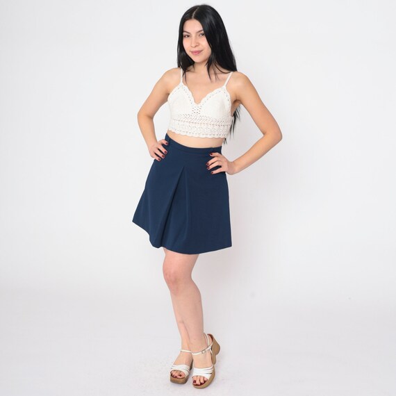 Navy Blue Mini Skirt 70s Mod Skort Attached Shorts Skirt A Line Pleated Preppy High Waisted Cheerleader Retro Aline Vintage 1970s Medium M