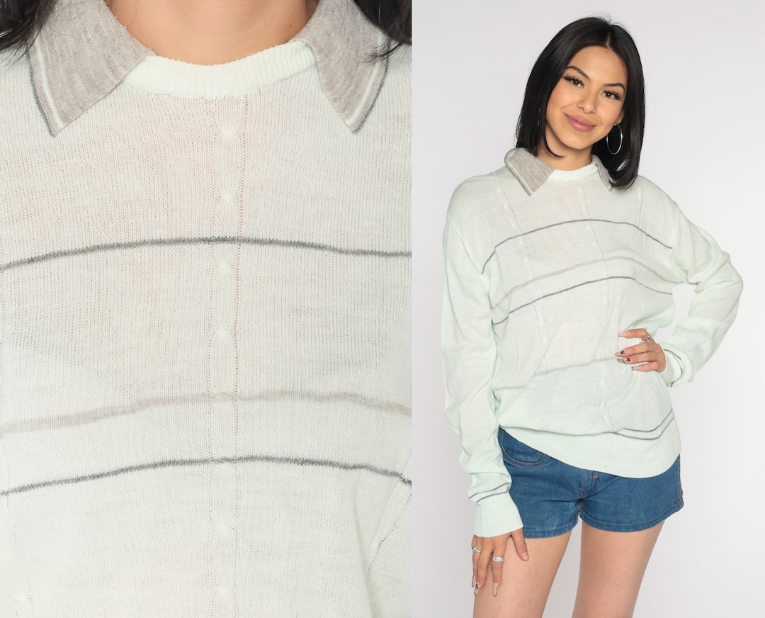 Light Green Sweater 80s Semisheer Cable Knit Collared Sweater Etsy