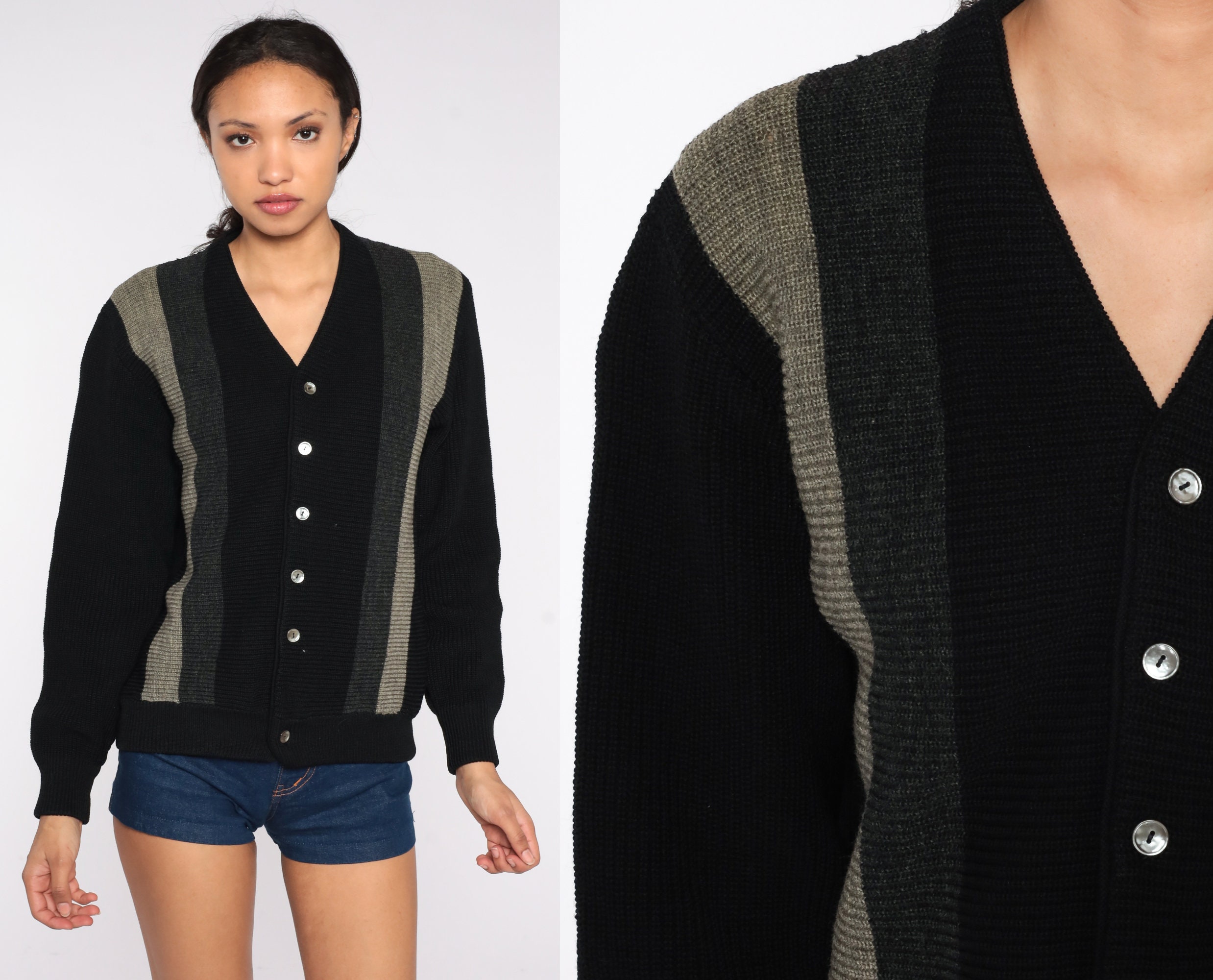 60s Wool Cardigan Black Grey Striped 
