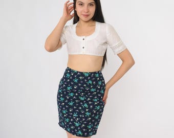 60s Mini Skirt Mod Navy Blue Ditsy Floral Print High Waist Fitted Straight Cut Vintage Cotton Blend A Line Extra Small XS 0