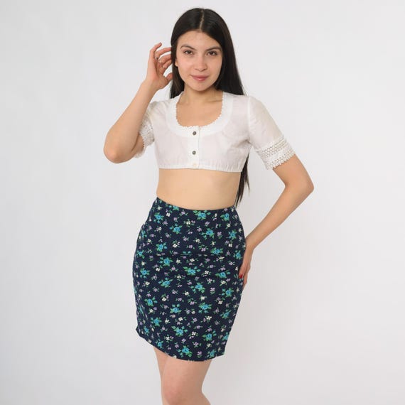 60s Mini Skirt Mod Navy Blue Ditsy Floral Print High Waist Fitted Straight Cut Vintage Cotton Blend A Line Extra Small XS 0
