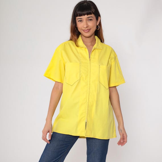 70s Work Shirt Yellow Vintage Zip Front Cotton Blend Utility Pocket Short Sleeve Retro Mechanic Coverall Style Uniform Extra Large XL