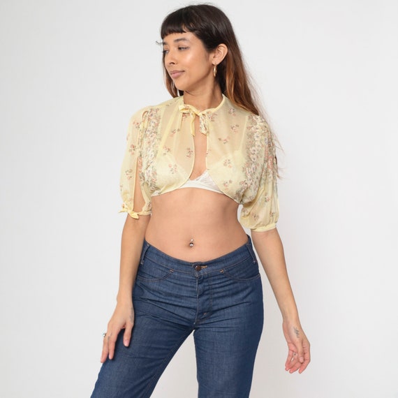 70s Floral Bolero Jacket Sheer Yellow Crop Top Boho Hippie Open Front 1970s Bohemian Short Split Sleeve Pastel Vintage Small Medium