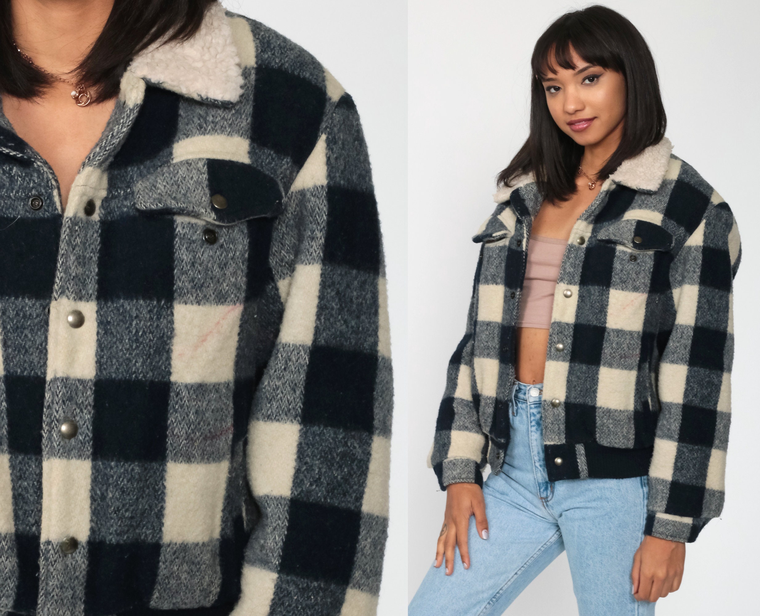 plaid faux shearling lined wool blend trucker jacket