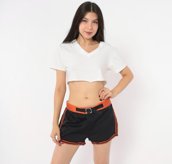 70s Black Wrestling Shorts Orange Stripe Trim Buckle Belt Front Running Track Side Slit Vintage Gym Workout Dolphin Short Inseam Medium M