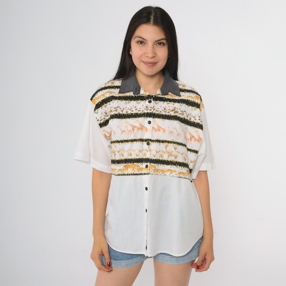Safari Animal Shirt 90s White Button Up Blouse Tiger Giraffe Elephant Panda Zoo Gray Collar Short Sleeve Cotton Poly Top Large