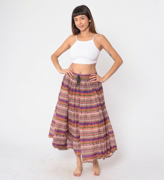 Geometric Striped Broomstick Skirt 90s Capezio Midi Skirt Purple Orange Green Drawstring Waist Flowy Boho Cotton Vintage 1990s Small Medium