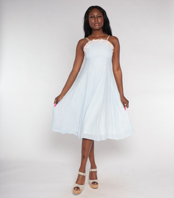 Pale Blue Dress 90s Party Dress Soutache Pearl Beaded Evening Midi Dress Cocktail Formal Prom Pastel Sleeveless Vintage 1990s Extra Small xs