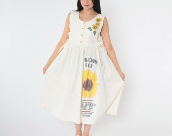 Vintage Sunflower Feed Sack Dress 90s Floral Sundress Button
