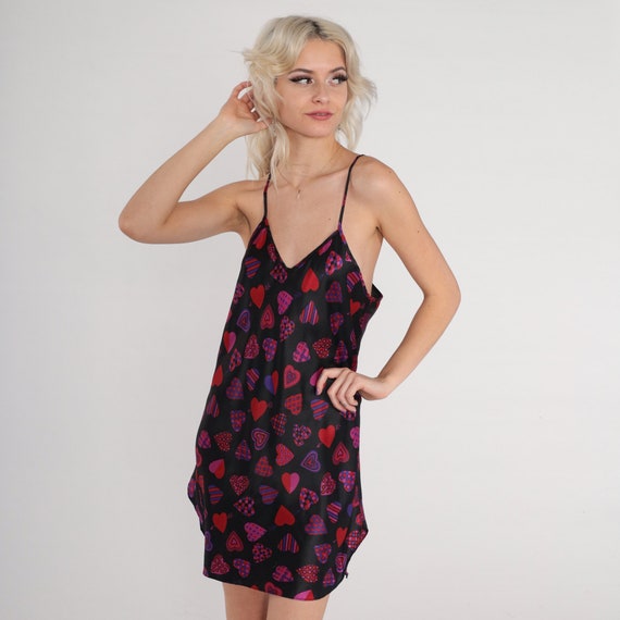 Heart Print Slip Dress Y2k Black Lingerie Mini Dress Nightie Full Slip Short Nightgown Spaghetti Strap Pink Red Side Slits Vintage 00s Small