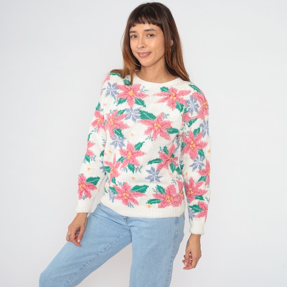 White Floral Sweater 90s Knit Pullover Sweater Pink Green Flower Print Crewneck Jumper Boho Hippie Cotton Ramie Retro Vintage 1990s Medium M
