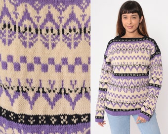 70s Fair Isle Sweater Nordic Wool Blend Knit Sweater Pullover Boatneck Cream Lavender Bohemian Ski Retro Geometric Vintage 1970s Medium