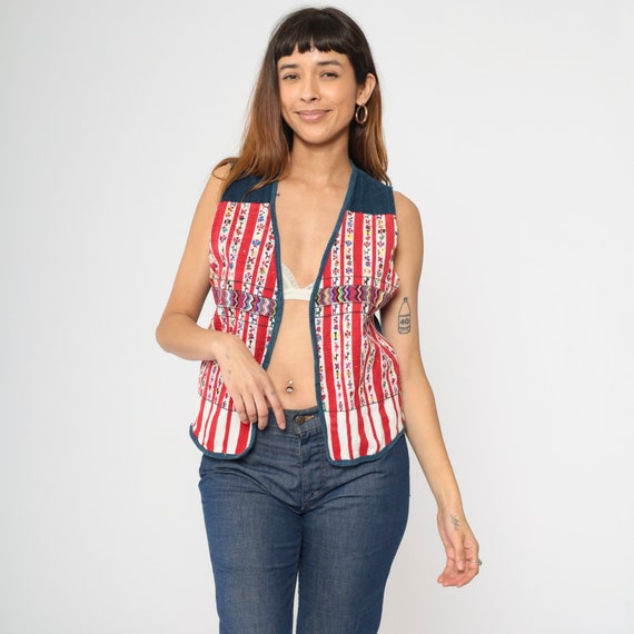 Embroidered Guatemalan Vest 80s Animal Pattern Red Striped Open Front Sleeveless Top Vintage Tapestry Vest 1980s Small S