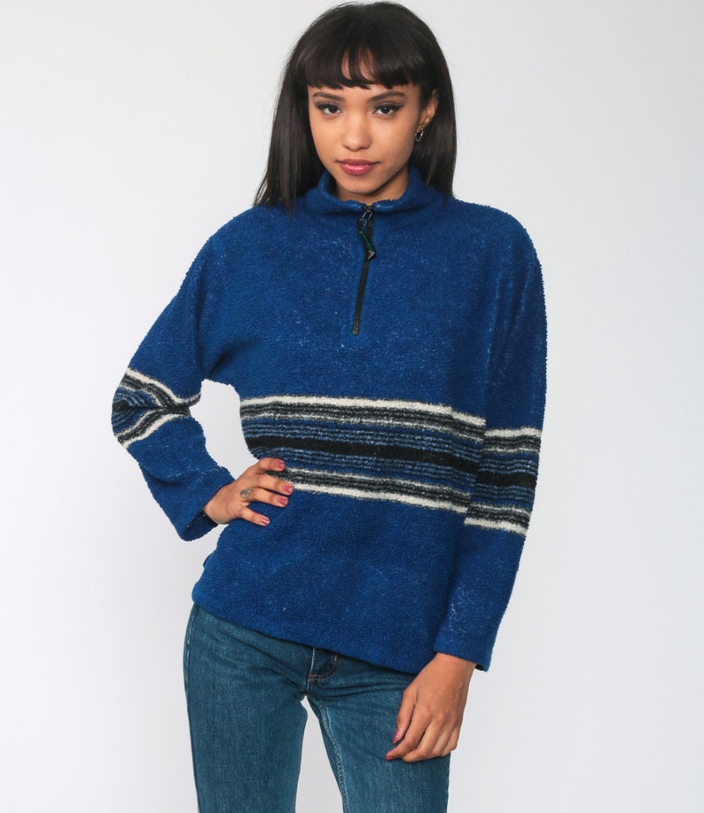 Fleece Pullover Sweatshirt Jacket 90s Blue Striped Jacket Half Zip Jacket Vintage Retro Vintage Small Medium image 3