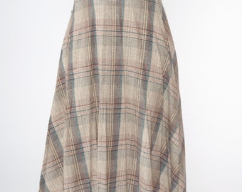 Plaid Wool Skirt 80s Midi Schoolgirl Skirt Beige Red Blue Retro Preppy Secretary Pleated Checkered High Waisted Tartan Vintage 1980s Small