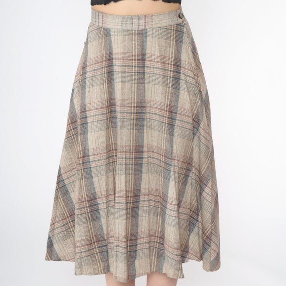 Plaid Wool Skirt 80s Midi Schoolgirl Skirt Beige Red Blue Retro Preppy Secretary Pleated Checkered High Waisted Tartan Vintage 1980s Small