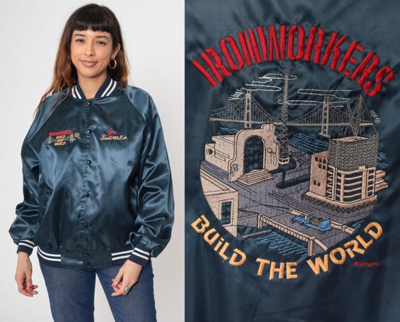 Ironworkers Jacket 80s Vintage Union Local 433 Satin Navy Blue Embroidered Bridge Golden Gate SF Bomber Nylon Snap Raglan Sleeve Large L