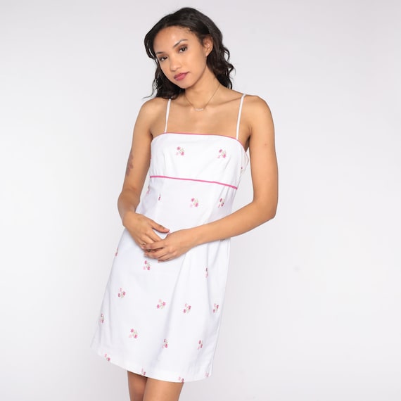 White Floral Mini Dress Y2K Spaghetti Strap Sun Dress Embroidered Flower Print Sleeveless Shift Sheath Summer Boho 00s Minidress Medium M