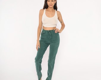 Jeans Y2K Sage Roper a vita alta, gamba dritta, in denim verde oliva, modello Mom Jean Forest, affusolati, vestibilità slim vintage, taglia extra piccola XS