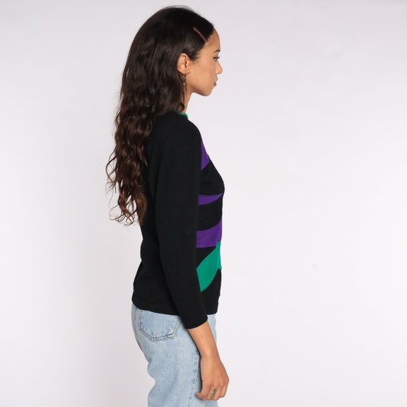 Striped Wool Shirt 80s Black Purple Long Sleeve S… - image 4