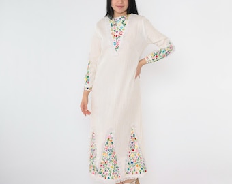 Sukienka meksykańska w kwiaty w stylu vintage z lat 70., boho midi z koronkowym wykończeniem, karczek z lat 70., pintuck, boho hipisowska, biała, tęczowa, ludowa, średnia, rozmiar M