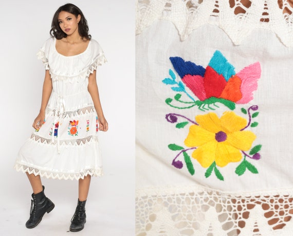 White Peasant Dress 90s Floral Mexican Embroidered Midi Dress Butterfly Crochet Sheer Bohemian Lace Tiered Vintage 1990s Cotton Large xl