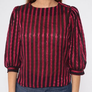 Shiny Striped Blouse 80s Puff Sleeve Top Semi-Sheer Shirt Checkered Pink Black Vertical Stripes Secretary Glam Bohemian Vintage 1980s Small image 9
