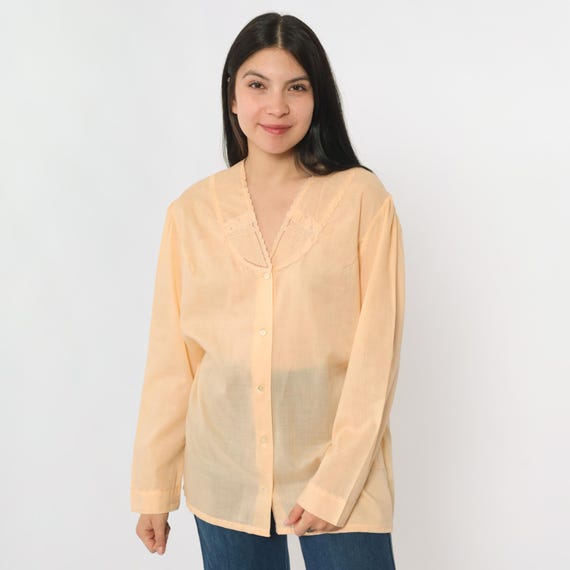 Vintage Sheer Peach Blouse 80s Embroidered Cutout Floral Puff Sleeve Cutwork Shirt Button Up Cut Out Top 1980s Boho Hippie Large L